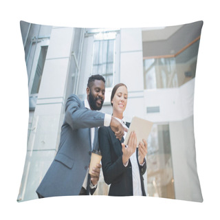 Personality  Positive Young Black Businessman Pointing At Tablet Screen While Discussing Online Project Implementation With Female Colleague Pillow Covers