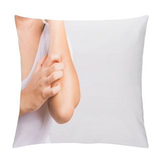 Personality  Asian Beautiful Woman Itching Her Useing Hand Scratch Itch Arm On White Background With Copy Space, Medical And Healthcare Concept Pillow Covers