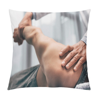Personality  Selective Focus Of Chiropractor Stretching Arm Of Patient In Hospital Pillow Covers