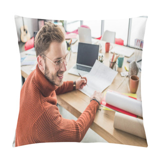 Personality  Handsome Smiling Male Architect Sitting At Desk And Working On Blueprints In Loft Office Pillow Covers