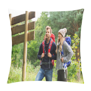 Personality  Couple Of Travelers With Backpacks At Signpost Pillow Covers