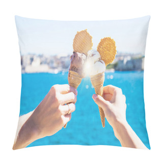 Personality  A Girl And A Boy Young Couple Is Holding Melting Ice Cream In Waffle  Cone Under Blue Sky With Bright Blue Sea On The Background In Hot Summer Day On A Vacation , Holiday Pillow Covers