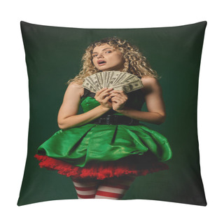 Personality  Astonished Pretty New Year Elf In Green Dress And Striped Stockings Holding Cash Looking At Camera Pillow Covers