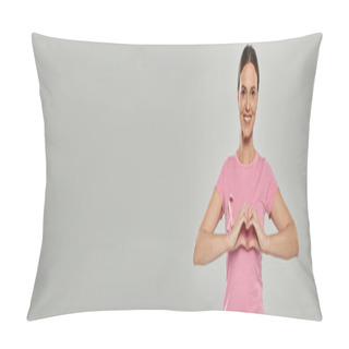 Personality  Happy Woman With Pink Ribbon, Grey Backdrop, Breast Cancer Awareness, Showing Heart Sign, Banner Pillow Covers