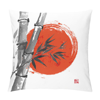 Personality  Card With Bamboo And Big Red Sun In Sumi-e Style. Pillow Covers