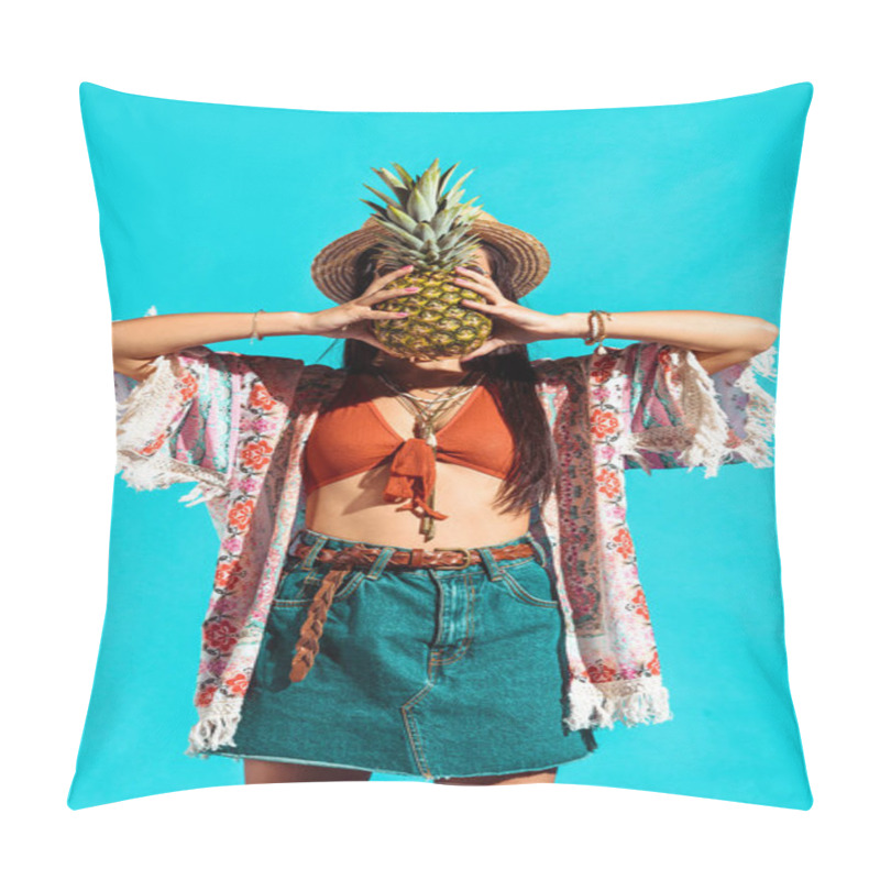 Personality  hippie woman covering face with pineapple   pillow covers