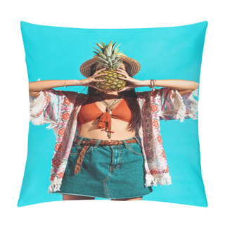 Personality  Hippie Woman Covering Face With Pineapple   Pillow Covers