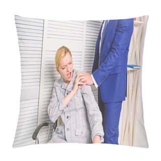 Personality  Sexual Harassment At Work. Person Putting Hand On Shoulder. Man Touching Girl. Pillow Covers