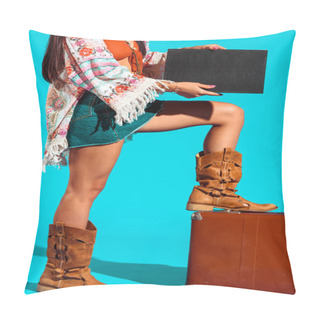 Personality  Hippie Tourist With Black Board And Suitcase  Pillow Covers