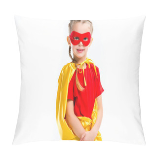Personality  Portrait Of Little Supergirl Wearing Yellow Cape And Red Mask For Eyes Isolated On White Pillow Covers