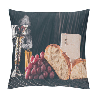 Personality  Bread, Candles, Chalice And Christian Cross On Dark Table For Holy Communion  Pillow Covers