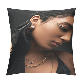 Personality  Portrait Of Fashionable African American Woman With Evening Makeup And Golden Necklaces Wearing Glove And Touching Earring Isolated On Black, High Fashion And Evening Look Pillow Covers