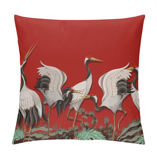 Personality  Border With Japanese White Cranes. Oriental Wallpaper. Pillow Covers
