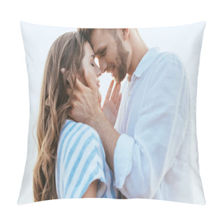 Personality  Happy And Bearded Man Touching Face Of Beautiful Girlfriend Outside  Pillow Covers