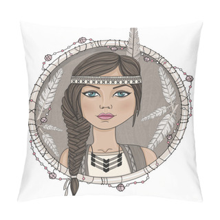 Personality  Cute Native American Girl And Feathers Frame. Pillow Covers