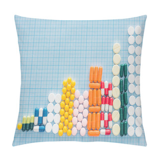 Personality  Top View Of Graph From Various Colorful Pills On Blue Checkered Surface Pillow Covers