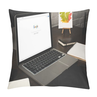 Personality  Designer Workplace With Laptop And Google Website On Screen  Pillow Covers