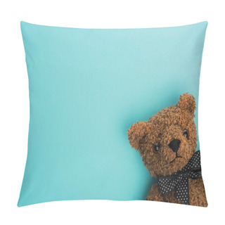 Personality  Top View Of Brown Teddy Bear On Blue Background Pillow Covers