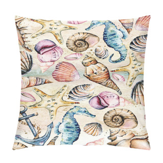Personality  Seashells, Marine Paper, Pattern. Watercolor Seahorse, Starfish And Other Shells. Beach Design Isolated On White Background. Scenery Hand Drawing. Marine Collection. Pillow Covers