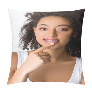 Personality  Pensive Smiling African American Girl With Dental Braces Touching Lip, Isolated On Grey Pillow Covers