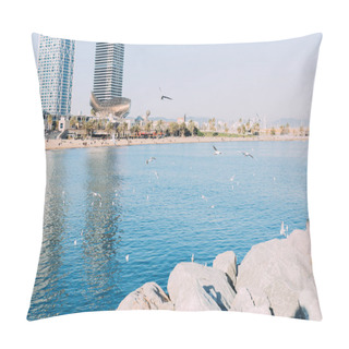 Personality  BARCELONA, SPAIN - DECEMBER 28, 2018: Scenic View Of Calm Sea And Skyscrapers On Coast Pillow Covers