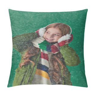 Personality  Happy Girl In Ear Muffs, Striped Scarf And Winter Attire Standing Under Falling Snow On Turquoise Pillow Covers