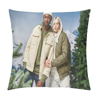 Personality  Stylish Multiracial Couple In Warm Winter Clothes Posing Together On Snowy Backdrop, Fashion Concept Pillow Covers