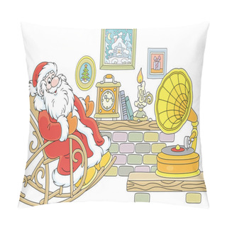 Personality  Santa Claus Sitting In His Creaking Rocking Chair, Resting After A Winter Walk In A Snowy Forest And Listening To Music From An Old Gramophone In A Cozy Warm Hall, Vector Cartoon Illustration Pillow Covers