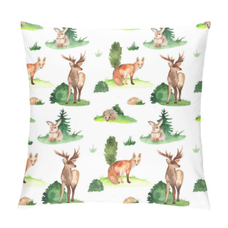 Personality  Forest Animals In The Meadow And Trees On A White Background. Watercolor Seamless Pattern Pillow Covers
