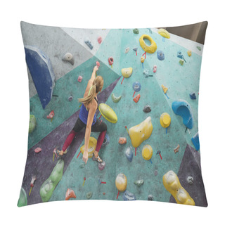 Personality  Young Sportswoman With Ponytail Holding By One Of Artificial Stones On Climbing Wall While Exercising In Gym Pillow Covers