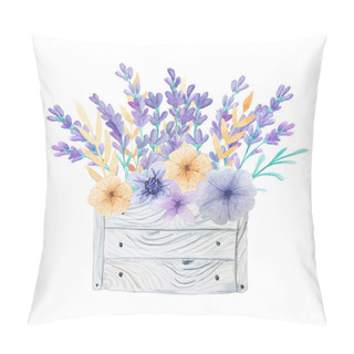 Personality  Hand Painted Watercolor Lavender Flowers And Provence Herbs In Gray Wooden Crate. Rustic Floral Wooden Box Perfect For Wedding Invitation And Cards. Pillow Covers