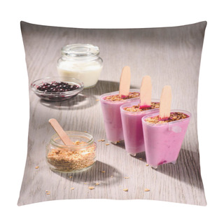 Personality  Sweet Fruit Popsicles In Molds With Cooking Ingredients On Wooden Background Pillow Covers