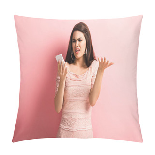 Personality  Displeased Girl Showing Indignation Gesture During Video Chat On Smartphone On Pink Background Pillow Covers