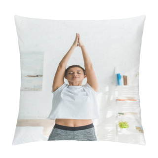 Personality  Beautiful Girl With Closed Eyes Practicing Yoga With Namaste Gesture In Bedroom In The Morning  Pillow Covers