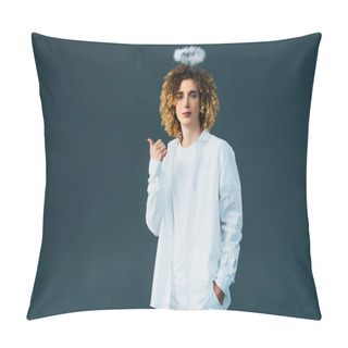 Personality  Curly Teenager In Angel Costume With Halo Above Head Showing Thumb Up Isolated On Green Pillow Covers