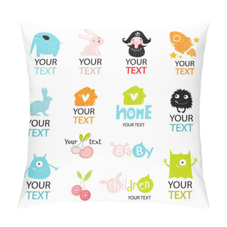 Personality Big Vector Set With Stylized Cartoon Characters And Symbols. Elephant, Hare, Rabbit, Pirate, Monster, Rocket, Stars, Space, Home, Children, Child, Boy. Girl, Berries, Sewing. Space For Your Text. Logo Pillow Covers
