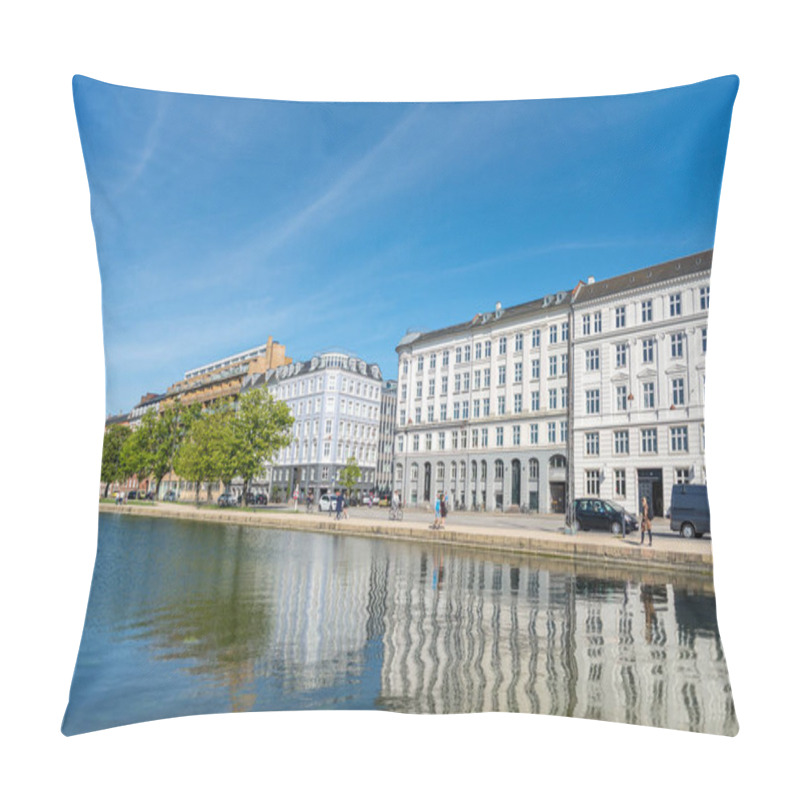 Personality  COPENHAGEN, DENMARK - MAY 5, 2018: scenic view of city river, buildings and clear blue sky, copenhagen, denmark pillow covers