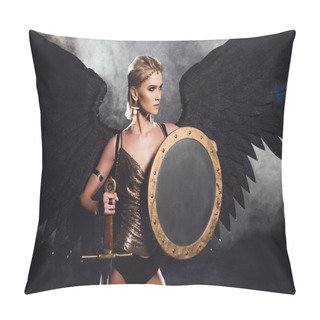 Personality  Beautiful Sexy Woman In Warrior Costume And Angel Wings Posing With Shield And Sword On Black Background Pillow Covers