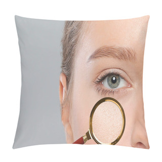 Personality  Young Woman With Dry Skin On Grey Background, Closeup Pillow Covers