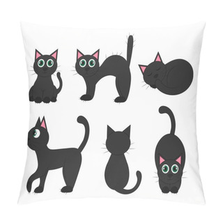 Personality  Black Cat In Different Positions: Lies, Sits, Sleeps, Hisses. View Animal From Front, Side, Back And Sitting. Vector Flat Illustration. Set Black Cats For Halloween. Pillow Covers