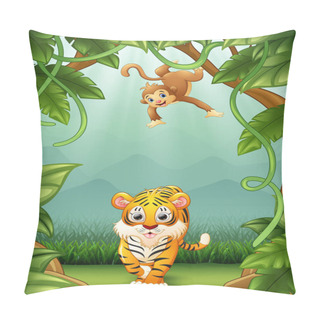 Personality  Vector Illustration Of The Tiger And Monkey Happy An Activity In Jungle Pillow Covers