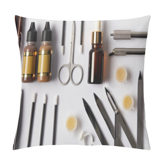 Personality  Top View Of Various Tools And Cosmetics For Permanent Makeup On White  Pillow Covers