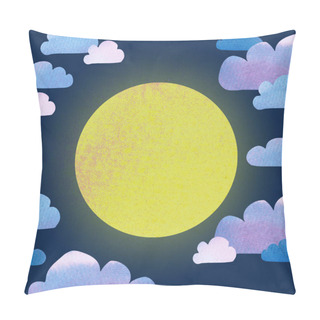 Personality  Fool Moon Lullabye. Cute Minimal Cartoon Style Illustration Of The Shining Full Moon And Blue Rose Clouds Around With Watercolor Texture On The Night Dark Sky Background. Pillow Covers