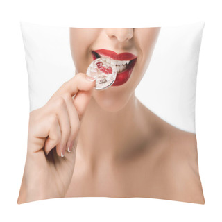 Personality  Cropped Shot Of Naked Young Woman Biting Bitcoin Isolated On White Pillow Covers