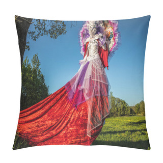Personality  Fairy Tale Woman On Stilts In Bright Fantasy Stylization. Fine Art Outdoor Photo.  Pillow Covers