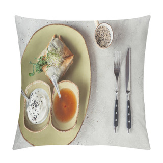 Personality  Flat Lay With Samosas In Phyllo Dough Stuffed With Spinach And Paneer Decorated With Germinated Seeds Of Alfalfa And Sunflower Served On Plate On Grey Tabletop Pillow Covers