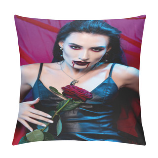 Personality  Pale Woman With Blood On Face Looking At Camera And Holding Rose On Red Pillow Covers