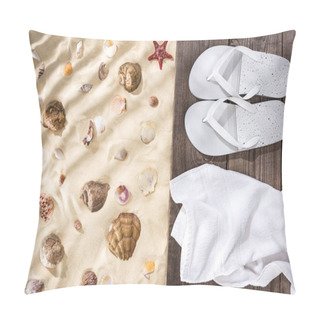 Personality  Top View Of Seashells And Starfish On Sand And Flip Flops And White Towel On Wooden Brown Board Pillow Covers