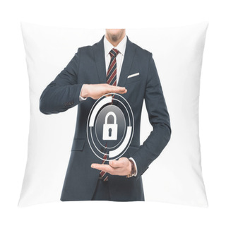 Personality  Cropped View Of Businessman In Formal Wear Gesturing Near Virtual Padlock Isolated On White  Pillow Covers