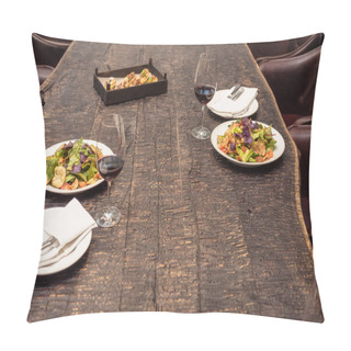 Personality  Delicious Salad With Wine On Rustic Wooden Table For Romantic Dinner Pillow Covers